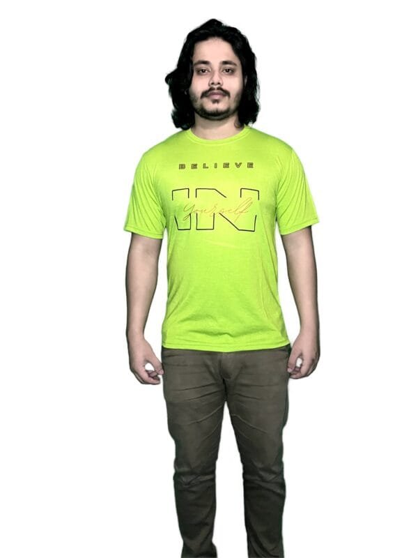 Zyren Neon Green Crew Neck T-Shirt - 'Believe in Yourself' Graphic Tee for Men